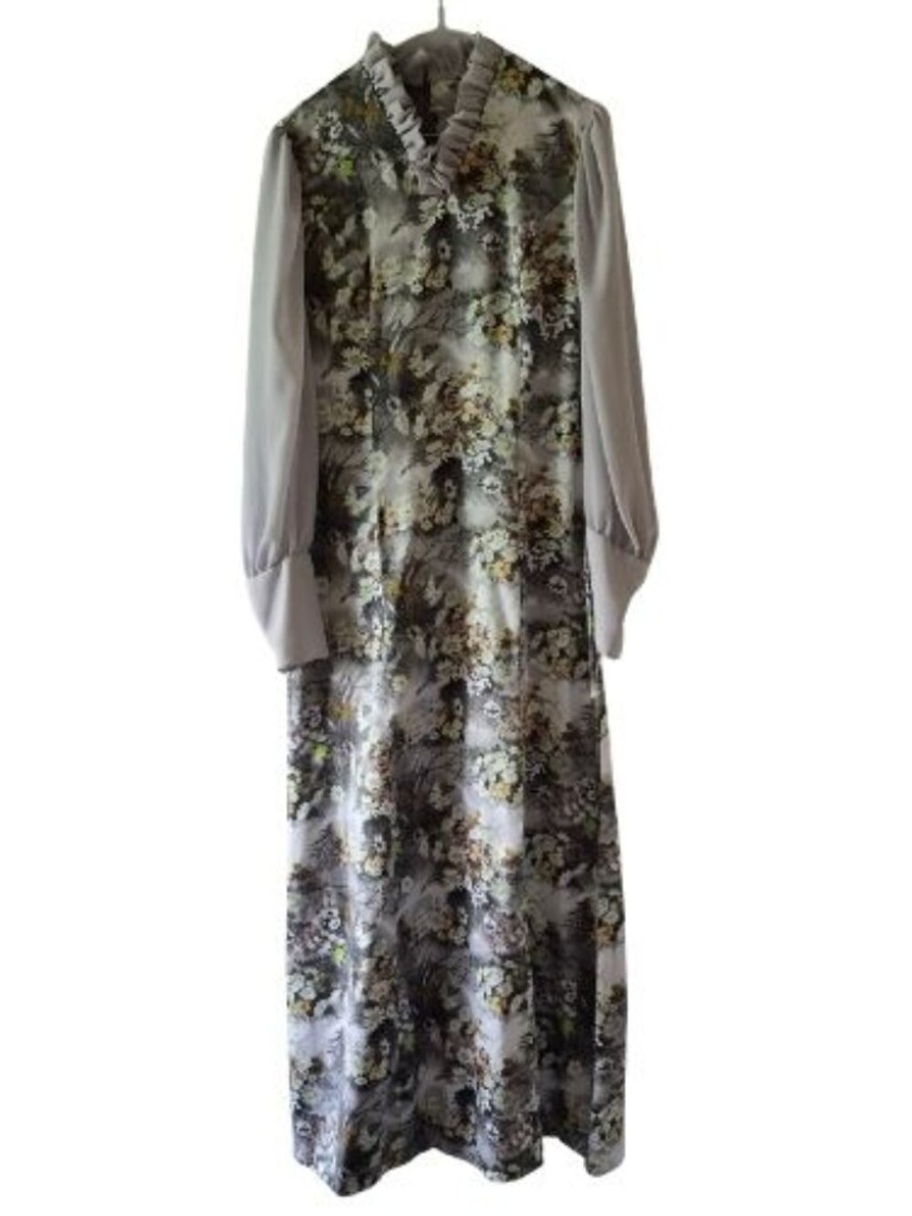 Vintage 1970's Brigerton meets Prairiecore Ruffle Sateen Daisy Print Maxi Dress